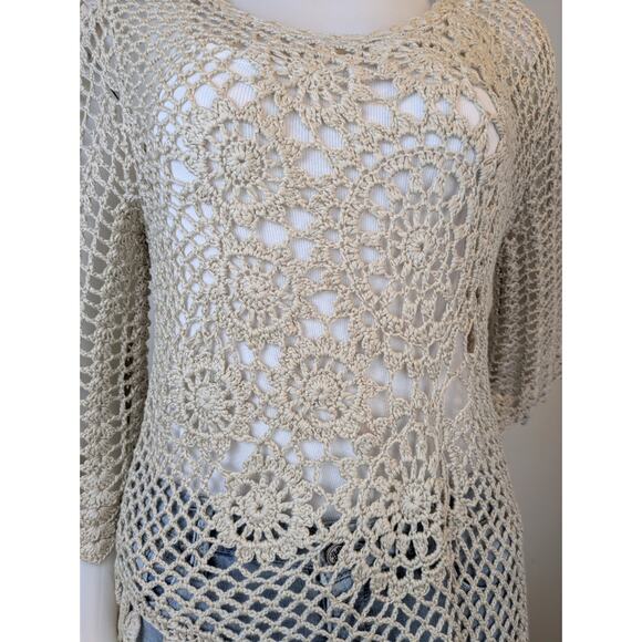 New Westport 1962 Crochet Tunic Top Large Beige Open Knit Boho Coastal Festival - Picture 3 of 11